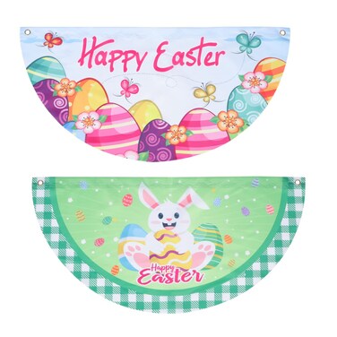 Amosfun 2 Pcs Easter Fan Shape Flag Happy Easter Garden Flag Rustic Bunny Bunting Flag Spring Easter Welcome Flag for Easter Yard Outdoor Decorations