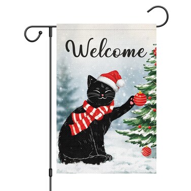 Louise Maelys Merry Christmas Black Cat Garden Flag 12x18 Double Sided, Burlap Welcome Winter Tree Yard Flags for Xmas Outside Outdoor Decoration (ONLY FLAG)