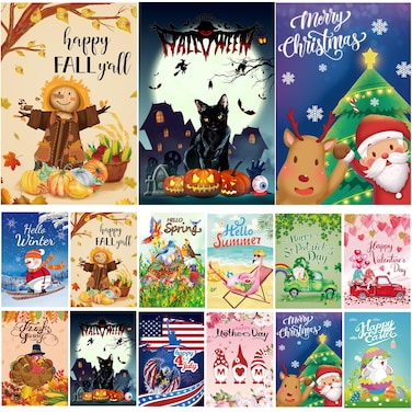 Seasonal Garden Flags Set of 12 Double Sided 12 x 18 Inch Yard Flags, Small Garden Flags for Outside, Christmas Spring Summer Fall Winter Outdoor Flags, Holiday Garden Flags for All Seasons
