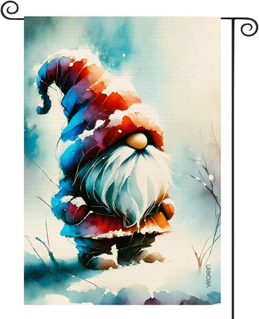 Whimsical Welcome Gnome Burlap Garden Flag - Colorful Watercolor Design, Double-Sided, Durable Outdoor Flag, Ideal for Winter and Holiday Seasons, Yards, Gardens, Patios, 12 x 18 Inch [GF-05]