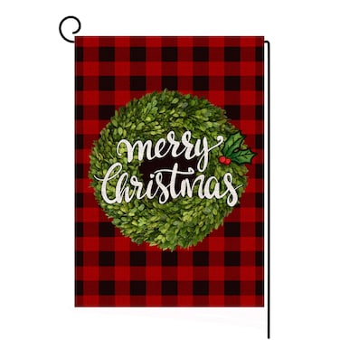 Christmas Garden Flag Vertical Double Sided Red Black Buffalo Plaid Boxwood Wreath Garden Flag, Christmas Winter Holiday Farmhouse Yard Outdoor Decoration 12.5 x 18 Inch