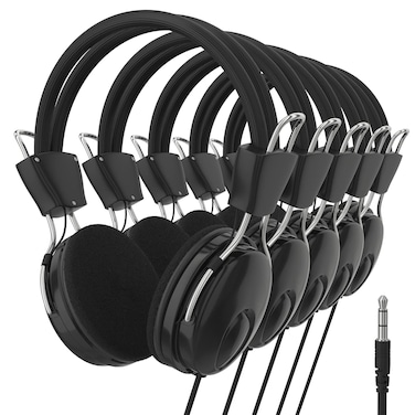 Maeline Black Headphones Bulk 5-Pack for Schools, Classrooms, Student Testing, Library, Computer Lab, Private Tutoring, Travel-Ready, Foldable Lightweight Headphones Stereo Sound, 3.5mm Jack