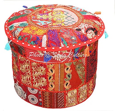 Stylo Culture Ethnic Pouffe Footstool Cover Round Patchwork Embroidered Pouf Ottoman Red Cotton Floral Traditional Furniture Seat Puff (22x22x14) Bean Bag Home Decor