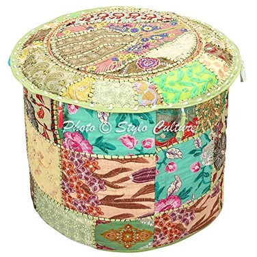 Stylo Culture Ethnic Pouffe Ottoman Round Cover Indian Patchwork Embroidered Pouf Green Cotton Floral Traditional Furniture Footstool Seat Puff (22x22x14) Bean Bag Home Decor