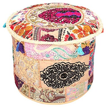 Stylo Culture Decorative Living Room Pouf Cover Round Patchwork Embroidered Pouffe Ottoman Beige Cotton Floral Traditional Furniture Footstool Seat Puff (18x18x13) Bean Bag Home Decor
