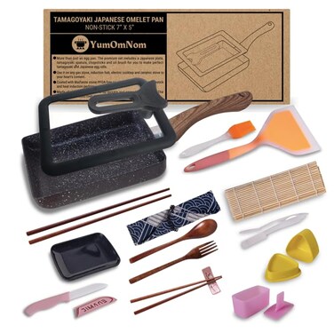 YumOmNom Tamagoyaki Pan with Lid, Japanese Cookware, Egg Pan, Rectangle Frying Pan, Kitchen Accessories, Square Pan, Omelette Maker Nonstick (With Glass Lid)