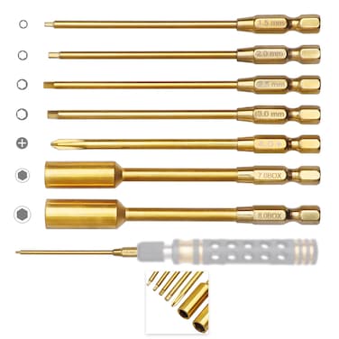 FriHobby 1/4" Titanium Driver Drill Bits Set 1.5mm 2mm 2.5mm 3mm Hex 4mm Phillips 7mm 8mm Nut Driver Tips RC Hobby Tools Kit for Power Drills Impact Driver Electric Screwgun Quick Change
