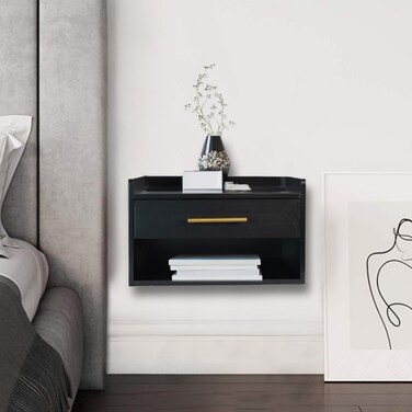 TSG Modern Floating Nightstand with Drawer, Black Wood Finish, Modern Night Stand with Gold Hardware, Enclosed Drawer and Open Shelf, Easy Assembly &amp; Install, Strong Bamboo with Top Shelf Edge Guard
