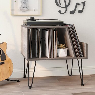 Tohomeor Vinyl Record Player Stand Turntable Stand LPs Album Storage Cabinet Wooden Sofa End Table Media Audio Video Turntables Stand Nightstand for Bedroom Living Room Office (Grey)
