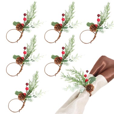 6 Pcs Christmas Napkin Rings Christmas Pine Cones Red Berry Napkin Holder Xmas Cedar Decorative Napkin Rings for Christmas New Year Party Table Dinner Decoration Supplies