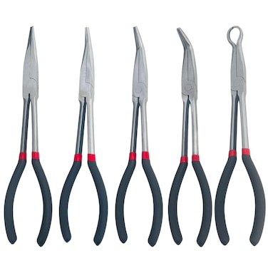 Socpuro 5Pcs Long Reach Pliers Set, 11 inch Long Needle Nose Pliers Set, 25&deg; /45&deg;/ 90&deg; Bent Nose Pliers Long Reach Straight Plier O-Shape Spark Plug Plier for Narrow Spaces