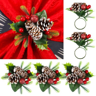 6 Pieces Christmas Napkin Rings Holder Buckle Berry Napkin Rings Christmas Pinecones Napkin Ring Snowy Pine Cone Napkin Ring Xmas Serviette Buckle for Christmas Dinner Table Gathering Decor