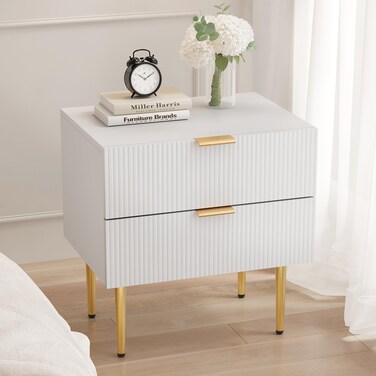 Nightstand, White Night Stand with Fluted Panel, Bedside Table with 2 Drawer, Large Mid Century Modern Nightstand with Gold Leg, End Tables for Bedroom