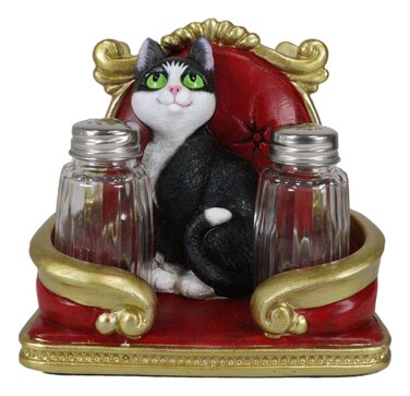 Ebros Gift Royal Feline Service Black And White Tuxedo Kitty Cat On Red And Gold Chair Figurine Decorative Kitchen Table Napkin Holder With Glass Salt And Pepper Shakers Storage Compartments