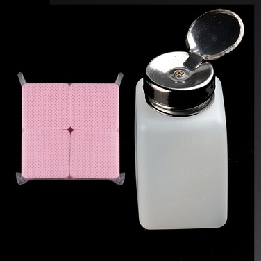 FSpronail Alcohol Dispenser 180ml Push Down Pump Dispenser 200Pcs Lint Free Nail Wipes, Push Down Empty Bottle Metal Nail Polish Remover Pump, Lip &amp; Eye Makeup Remover Bottle