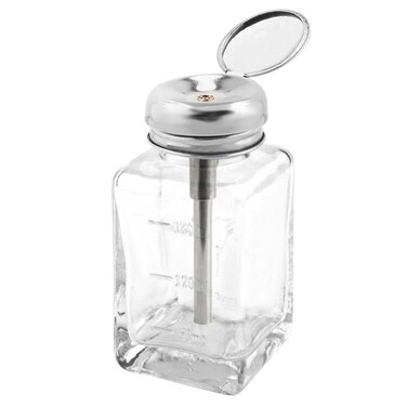 180 ml/6 oz Clear Glass Push Down Dispenser Bottle Refillable Square Pump Dispenser Bottle Container with Metal Flip Cap for Alcohol Liquid Nail Polish Remover Makeup Remover Toner