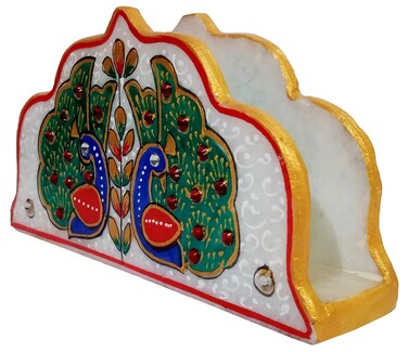 Purpledip Indian gift item: Handpainted Marble Napkin holder, Housewarming gift (10568)