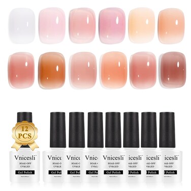 Vnicesli Icy Jelly Gel Nail Polish Set, 12 Colors Nude Gel Polish Kit Transparent Milky White Sheer Light Pink Nude Nail Polish Soak Off Translucent Nail Polish French Manicure Nail Varnish Home Salon