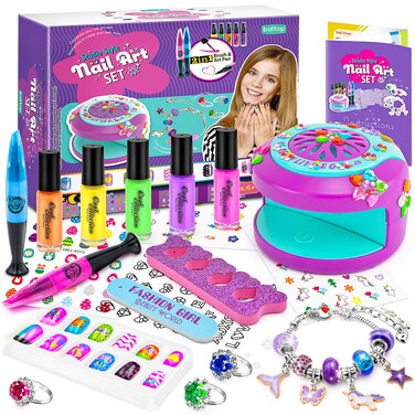 BATTOP Kids Nail Polish Set for Girls - Nail Art Kit for Girls Ages 7-12 with Kids Nail Dryer &amp; Fake Nail &amp; Nail Sticker &amp; Water Based Nail Polish Nail Art Pen - Toys Gifts for Girls Ages 6-12