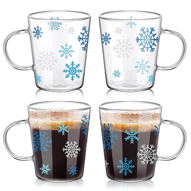 Baderke 4 Pcs Snowflake Glass Mug Set 12 oz Christmas Winter Coffee Mugs Clear Drinking Mugs Blue and White Snowflake Cups with Handle for Winter Christmas Drinks Coffee Tea Home Office Party Gifts
