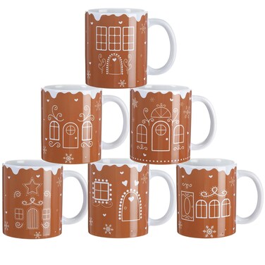 Zubebe 6 Pcs Christmas Coffee Mugs Set 11oz Gingerbread Ceramic Coffee Cups Stackable Cocoa Milk Tea Holiday Mugs Christmas Party Decor Gift for Women Family Friends Colleagues
