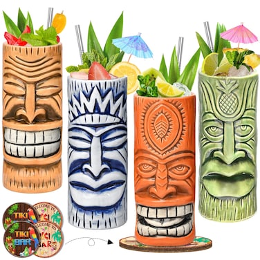 Tiki Mugs Set of 4 - Ceramic Tiki Glass Cocktail Cups, unique Cocktail Glasses, Bar Professional Hawaiian Mug and Halloween Christmas Party Barware
