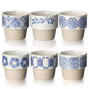 Ceramic Espresso Cups Set of 6,Ceramic Stacking Coffee Cups for Coffee, Espresso, Tea, Latte, Cocoa, Cappuccio, Milk