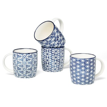MACHUMA Set of 4 12 oz Coffee Mugs with Blue and White Geometric Patterns, Ceramic Tea Cup Set, Gift for Friends (Set 1)