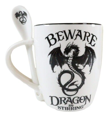 Ebros Gothic Alchemy Magic Altar Drake Beware Dragon Is Stirring Cocoa Tea Coffee Cup Mug And Spoon Set Dungeons Dragons Fantasy Macabre Alchemy Drinkware Mugs