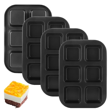 WOPPLXY 4 Pack Mini Brownie Pan, 6 Cavity Black Square Inidividual Brownie Muffin Cake Cutter Pan, Carbon Steel Mini Muffin Pan, Non-Stick Square Brownie Cake Pan for Oven Baking