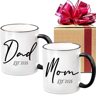 Dnuiyses EST 2025 New Dad Mom Mugs, New Parents EST 2025 Mug Gift, First Time Mom Dad Gift for Expecting Parents Dad Mom, 2025 Parents to be Gift, Birthday Christmas Gift for New Parents