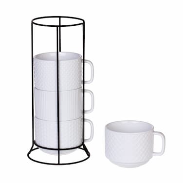 Buyajuju Porcelain Stackable Coffee Mugs Set of 4 with Metal Stand, 13 Ounce Stackable Different Embossment Coffee Cup holder for Coffee, Tea, Cocoa, Drinks, White