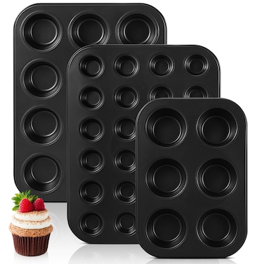 SiliFine 3 Pack Nonstick Muffin Pan Carbon Steel Cupcake Pan Muffin Tin Easy to Clean Muffin Tray Bakeware for Baking Cup Cake Cheesecake, 6 Cup, 12 Cup, and 24 Cup, Jumbo