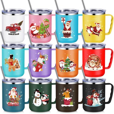 Umigy 12 Pcs Christmas Employee Appreciation Coffee Mug Gift 17oz Cup with Handle Red White Vacuum Stainless Steel Insulated Xmas Tumbler for Drinks