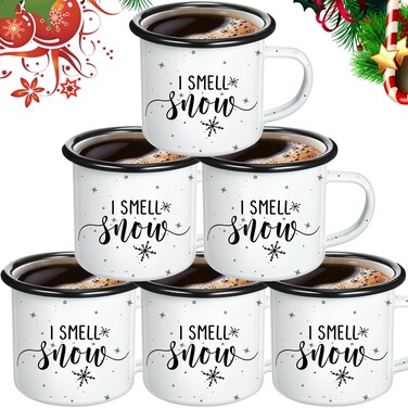 Yaomiao 6 Pieces I Smell Snow Enamel Mugs for Christmas, Christmas Coffee Mug Winter Snowflakes Camping Mug Xmas Hot Chocolate Mug with Handle for Family Friends Wife Holiday Gifts
