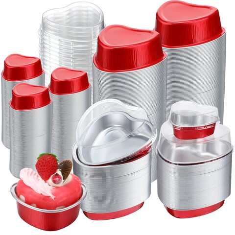 Ziliny 150 Sets Valentine&#39;s Day Heart Shaped Cake Pans Aluminum Foil Heart Cake Pan 3.4oz and 9 oz Mini Heart Cake Pans with Lids Baking Cupcake Cup Muffin Tins for Wedding Birthday Party(Red)