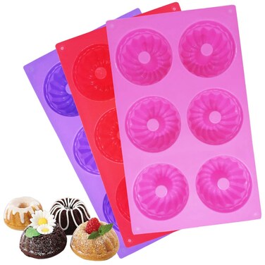 3 Packs Silicone Mini Fluted Cake Pans, findTop Mini Tube Cake Baking Pan for Muffin Cups, Coffee Cake, Cupcake, Brownie- Pink, Purple, Red