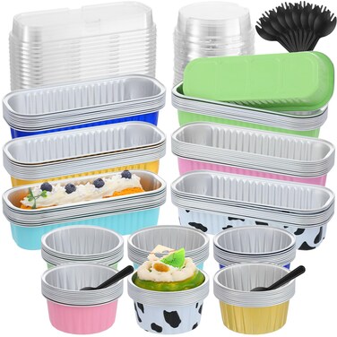 Dandat 120 Pcs Mini Loaf Pans with Lids and Spoons, 60 7 Oz Aluminum Foil Rectangle Baking Pans Cake Tins 60 5 Oz Round Cupcake Cups Disposable Foil Cupcake Liners Bread Loaf Muffin