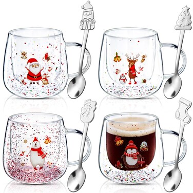 Baderke 4 Pcs Christmas Glass Coffee Mug Double Wall Insulated Cups 12oz Espresso Cup with Handle and 4 Pcs Stainless Steel Christmas Spoons for Hot Cocoa Christmas Gift for Family Friend(4style)