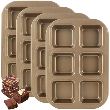 LDXDRU 4 Pack Brownie Pan with Dividers, 6 Cavity Square Cupcake Pans, Non-Stick Square Muffin Pan, Carbon Steel Cake Pan Baking Pan for Baking Brownie Muffin Cakes Minecraft Cakes, Gold - 10" x 7