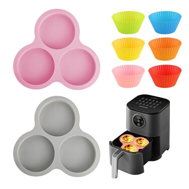 Abnaok 2PCS Silicone Air Fryer Egg Pan with 6PCS Reusable Silicone Baking Cups, Non-Stick Air Fryer Baking Pan, 3 Cavity Silicone Muffin Pans Muffin Cups for Baking