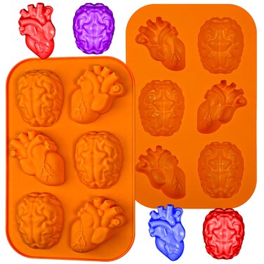 Kamehame Brain and Heart Cake Mold, 2 Pieces Silicone Jello Molds, Halloween Simulation Human Organ Cupcake Muffin Molds, Orange