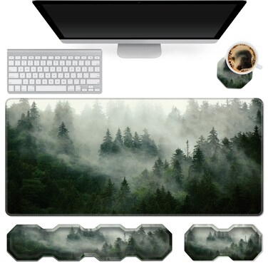 RYUITHDJP Large Mouse Pad for Gaming+Keyboard Wrist Rest+Wrist Support+Coaster Set of 4, XXL Extended Gaming Mouse Pad Desk Pad Easy Typing Pain Relief Memory Foam Non Skid Base Desk Mat-Forest