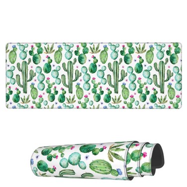 Famame Laptop Mouse Pad Watercolor Cactus Cacti Desk Mat with Stitched Edges 31.5X 11.8 inch Non-Slip Large Keyboard Rubber Writing Table Mat for Office Home