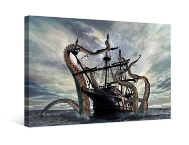 LSIUHWUWI Canvas Wall Art Painting for Bedroom Bathroom Living Room Home Decor Kraken Octopus Monster Pirate Ship Artworks for Hotel Office Stretched by Wooden Frame Ready to Hang 16 "x12