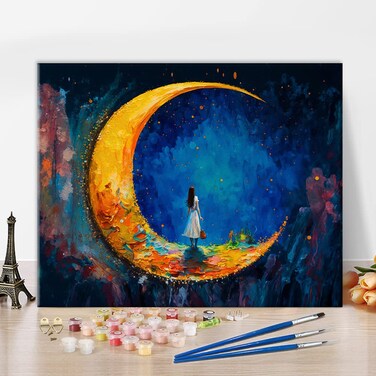 TUMOVO Paint by Number, Moon and Maiden Oil Painting for Adults Kids, Abstract Paint by Number Kits, Acrylic Painting Set for Wall Decoration with Brushes and Pigment, 16x20 Inch