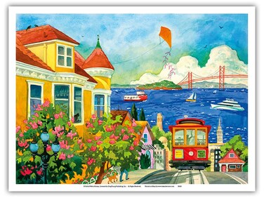 Spirit of San Francisco - California Bay Area - Cable Car Golden Gate Bridge - From an Original Watercolor Painting by Robin Wethe Altman - Master Art Print (Unframed) 9in x 12in