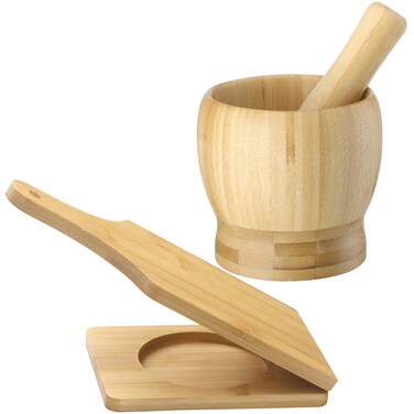 Lineshading 2 Kitchen Tools, Jumbo Bamboo Mortar and Pestle Set Wood Tostonera Tostones Plantain Press Natural Plantain Smasher Guacamole Bowl Fried Banana Pepper Press Mincer Grinder Chopper Crusher