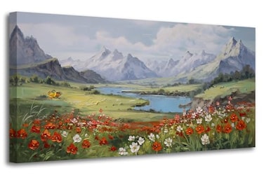 Arjun Mountain Landscape Wall Art Canvas Red Flower Landscape Painting Textured Floral Nature Scenery Picture Large Framed Artwork for Living Room Bedroom Bathroom Office Home Wall Decor, 40"x20