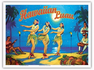 Hawaiian Luau - Hawaii Hula Dancers - Vintage Hawaiian Travel Poster by Rick Sharp - Master Art Print (Unframed) 9in x 12in